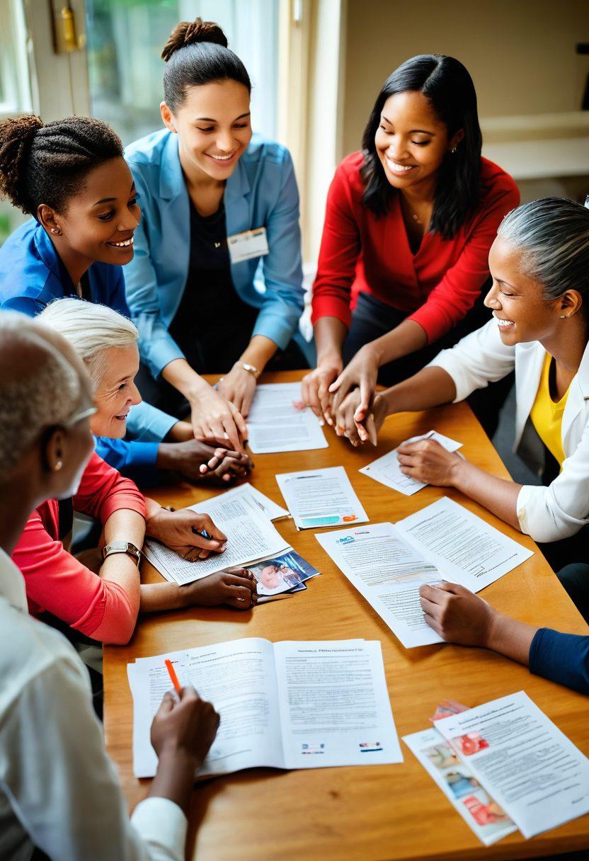 A diverse group of individuals from different backgrounds engaging in a supportive group setting, sharing knowledge and experiences about cancer care. Warm lighting enhances the atmosphere of hope and togetherness. Include symbols of advocacy, like ribbons and brochures, and educational materials on the table. Capture a sense of community, compassion, and resilience. super-realistic. vibrant colors.