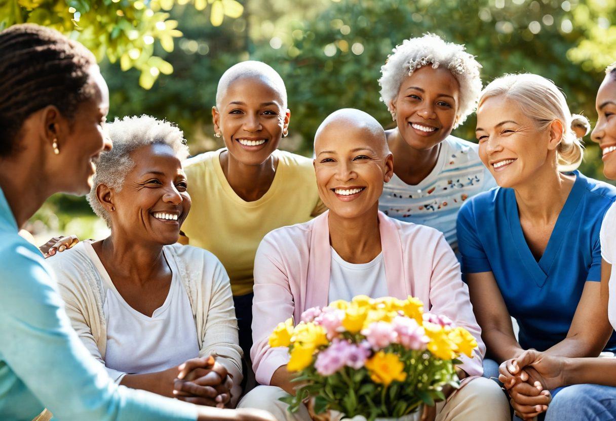A serene and uplifting scene depicting a diverse group of cancer survivors engaging in a support group, sharing smiles and stories under a bright, sunny environment. Incorporate symbols of hope such as blooming flowers, ribbons, and soft lighting to convey resilience and strength. Capture an array of emotions, emphasizing connection and community in their journey. vibrant colors. soft focus. 3D.
