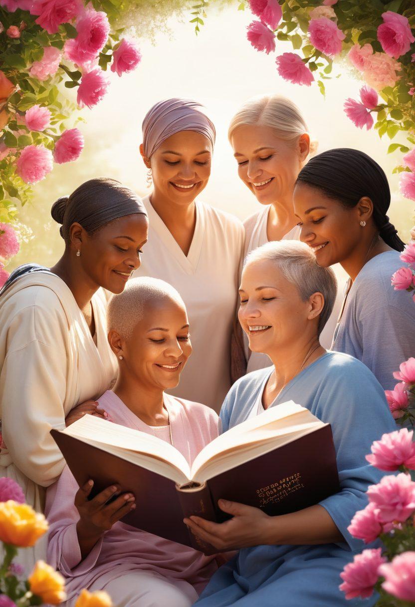 A serene scene depicting a diverse group of cancer survivors sharing their stories in a supportive circle, surrounded by soft natural light and blooming flowers symbolizing hope. Include elements like an open book with advocacy resources, a comforting hand on a shoulder, and a warm smile. The atmosphere should evoke empowerment and community. super-realistic. vibrant colors. peaceful background.